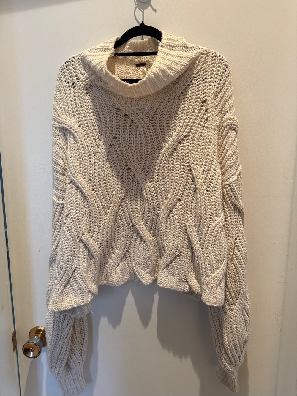 Free People Cream Cotton Cable Knit Cowl Neck Sweater Medium Oversized Chunky